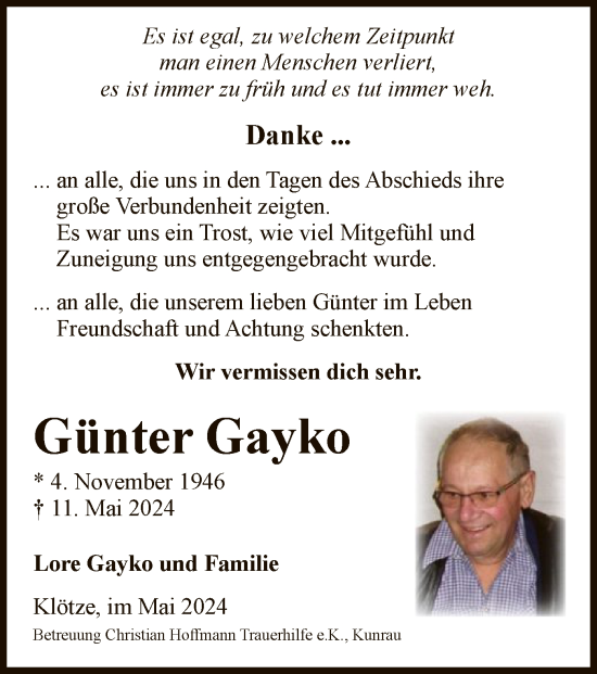 Traueranzeige von Günter Gayko von UEL