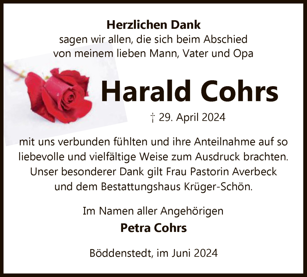  Traueranzeige für Harald Cohrs vom 15.06.2024 aus UEL