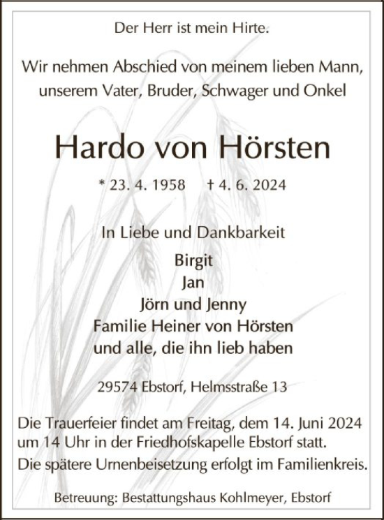 Traueranzeige von Hardo von Hörsten von UEL