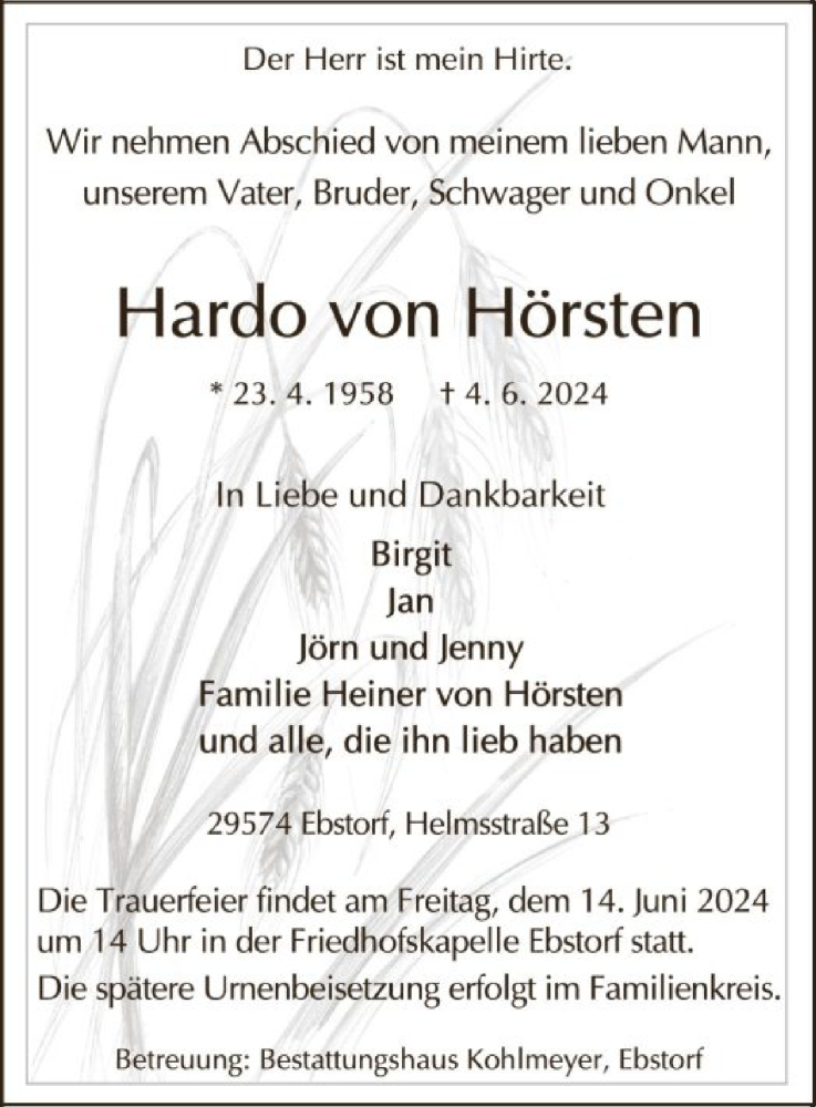  Traueranzeige für Hardo von Hörsten vom 08.06.2024 aus UEL