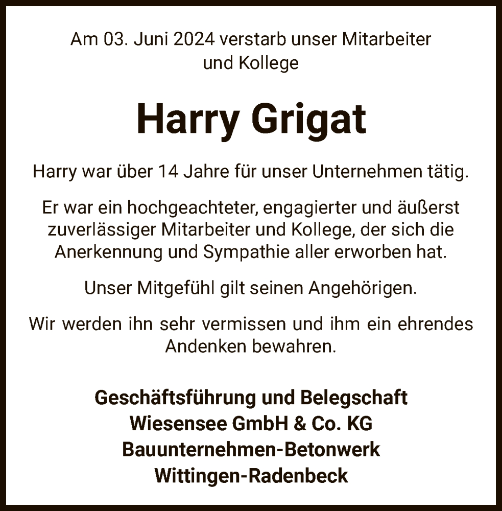  Traueranzeige für Harry Grigat vom 22.06.2024 aus UEL