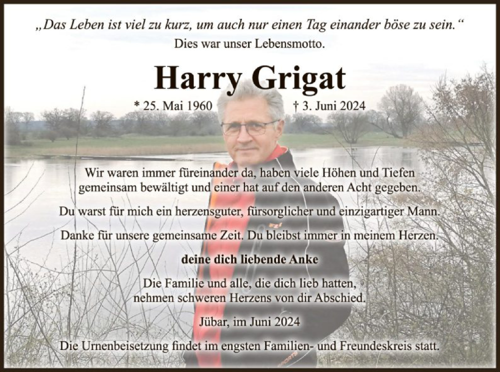  Traueranzeige für Harry Grigat vom 12.06.2024 aus UEL