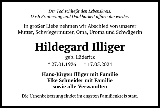 Traueranzeige von Hildegard Illiger von UEL