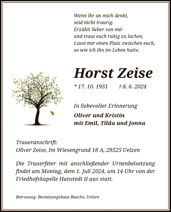 Traueranzeige von Horst Zeise von UEL