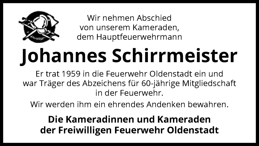  Traueranzeige für Johannes Schirrmeister vom 22.06.2024 aus UEL