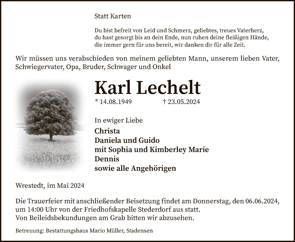  Traueranzeige für Karl Lechelt vom 01.06.2024 aus UEL