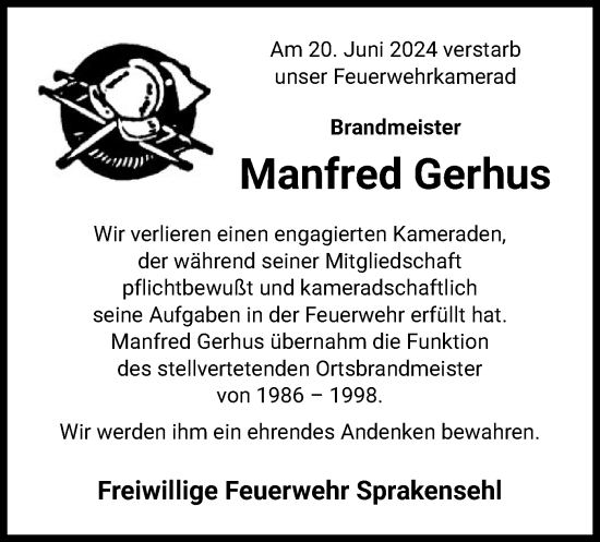 Traueranzeige von Manfred Gerhus von UEL