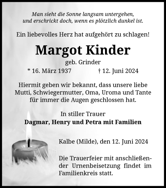 Traueranzeige von Margot Kinder von UEL