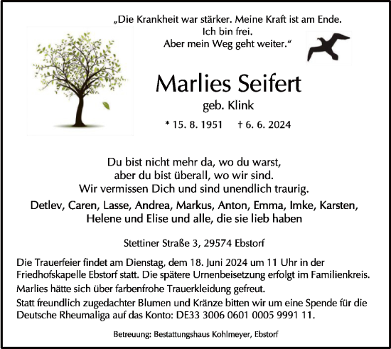 Traueranzeige von Marlies Seifert von UEL