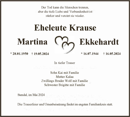 Traueranzeige von Martina und Ekkehardt Krause von UEL