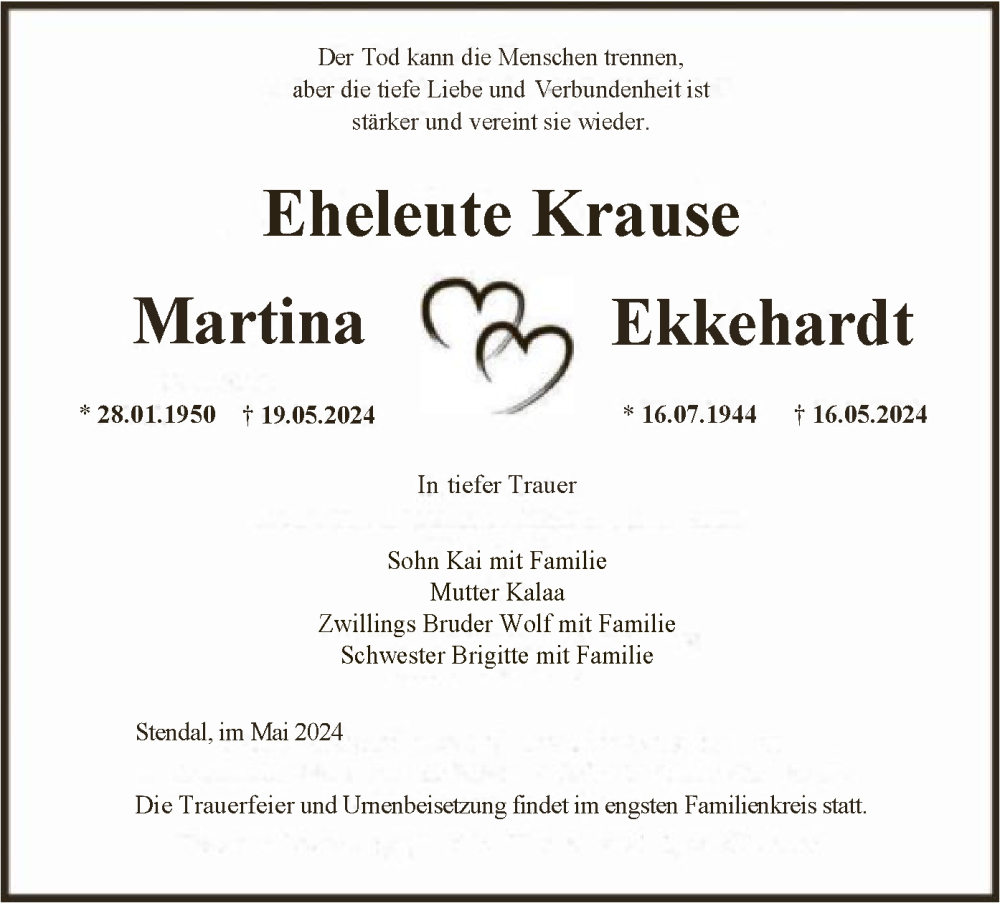  Traueranzeige für Martina und Ekkehardt Krause vom 01.06.2024 aus UEL