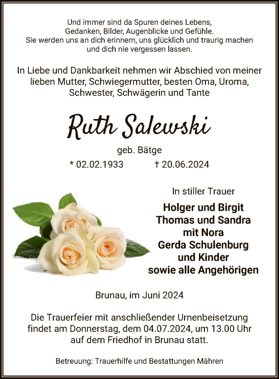 Traueranzeige von Ruth Salewski von UEL