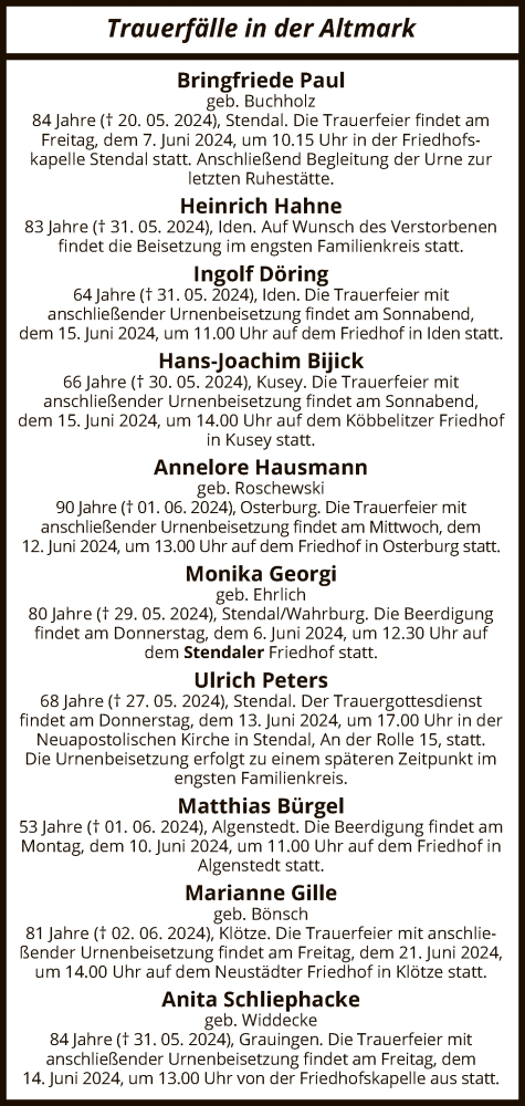 Traueranzeige von Sterbetafel vom 06.06.2024 von UEL