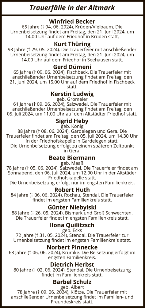 Traueranzeige von Sterbetafel vom 17.06.2024 von UEL