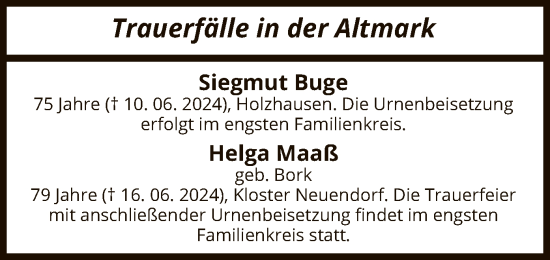 Traueranzeige von Sterbetafel vom 20.06.2024 von UEL