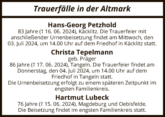 Traueranzeige von Sterbetafel vom 21.06.2024 von UEL
