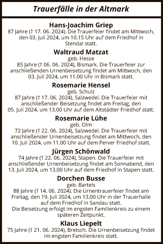 Traueranzeige von Trauerfälle  von UEL