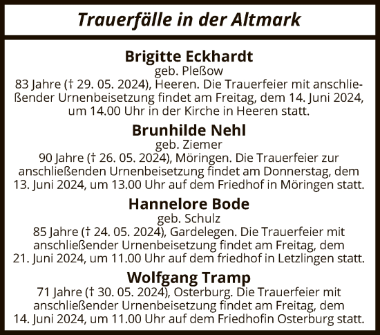 Traueranzeige von Trauerfälle in der Altmark von UEL