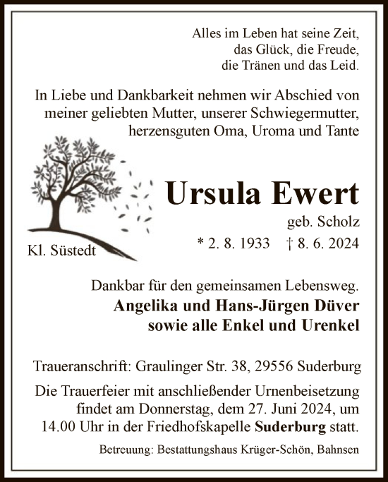 Traueranzeige von Ursula Ewert von UEL