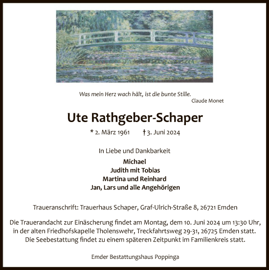 Traueranzeige von Ute Rathgeber-Schaper von UEL