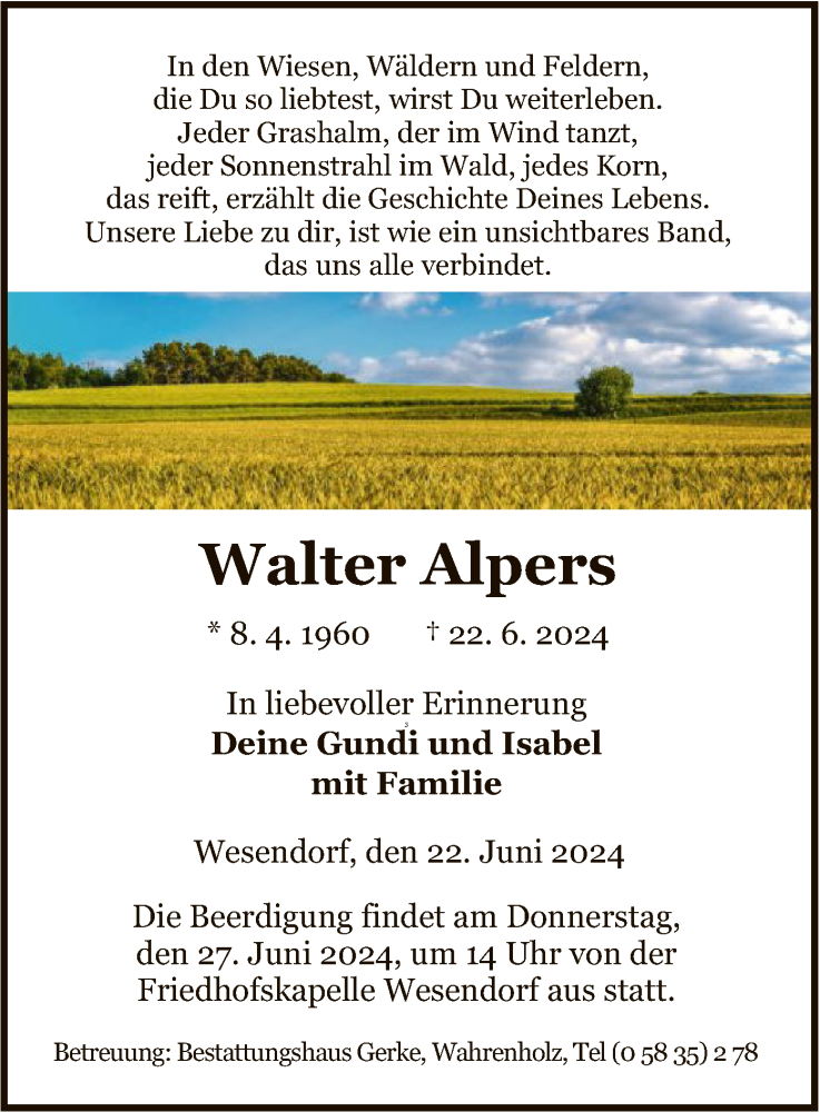  Traueranzeige für Walter Alpers vom 25.06.2024 aus UEL