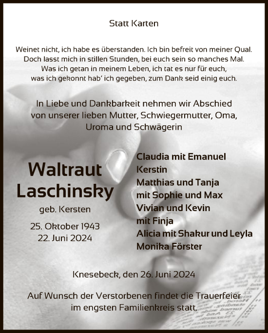 Traueranzeige von Waltraut Laschinsky von UEL