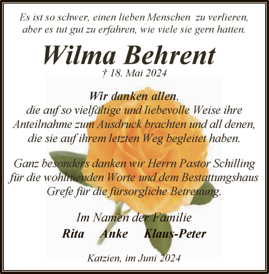 Traueranzeige von Wilma Behrent von UEL