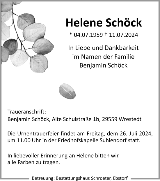 Traueranzeige von Helene Schöck von UEL