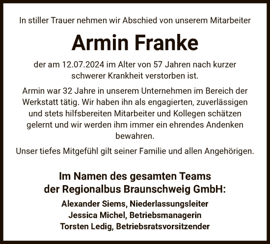 Traueranzeige von Armin Franke von UEL