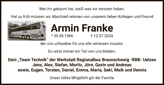 Traueranzeige von Armin Franke von UEL