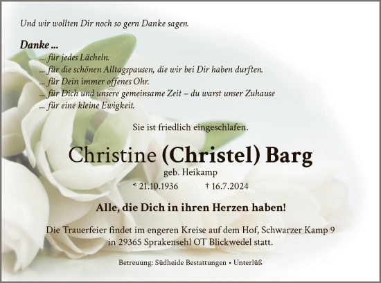 Traueranzeige von Christine Barg von UEL