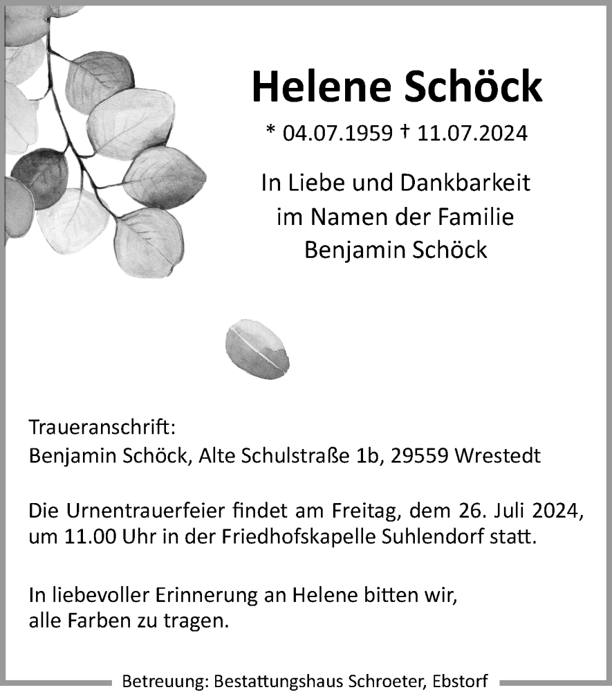  Traueranzeige für Helene Schöck vom 22.07.2024 aus UEL