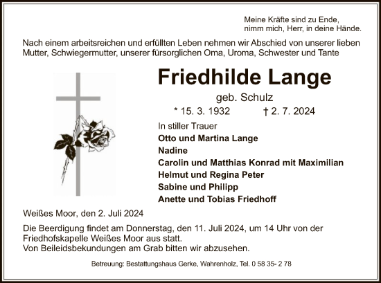 Traueranzeige von Friedhilde Lange von UEL