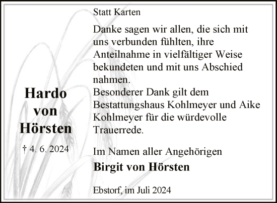 Traueranzeige von Hardo von Hörsten von UEL