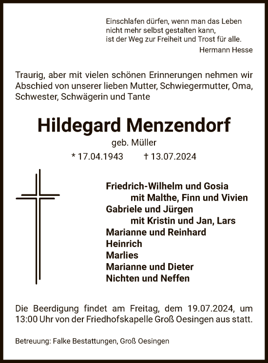 Traueranzeige von Hildegard Menzendorf von UEL