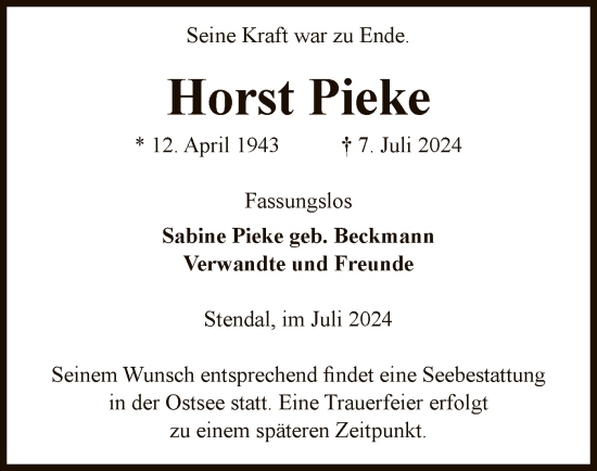Traueranzeige von Horst Pieke von UEL