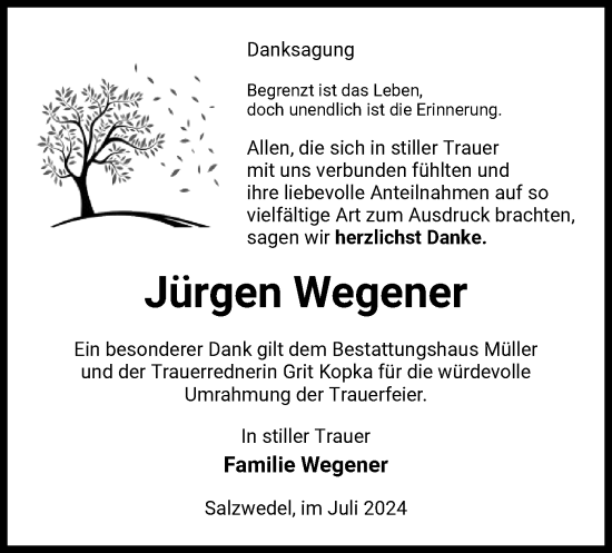 Traueranzeige von Jürgen Wegener von UEL