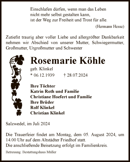 Traueranzeige von Rosemarie Köhle von UEL