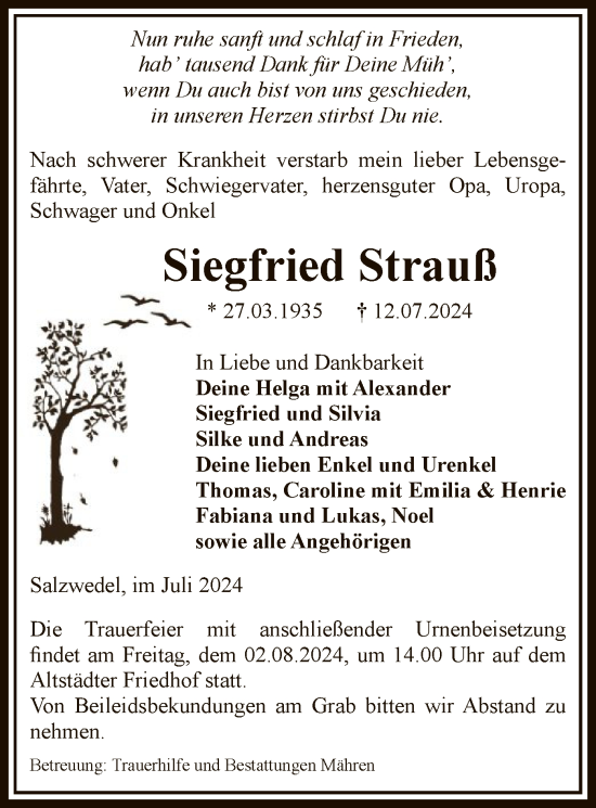 Traueranzeige von Siegfried Strauß von UEL