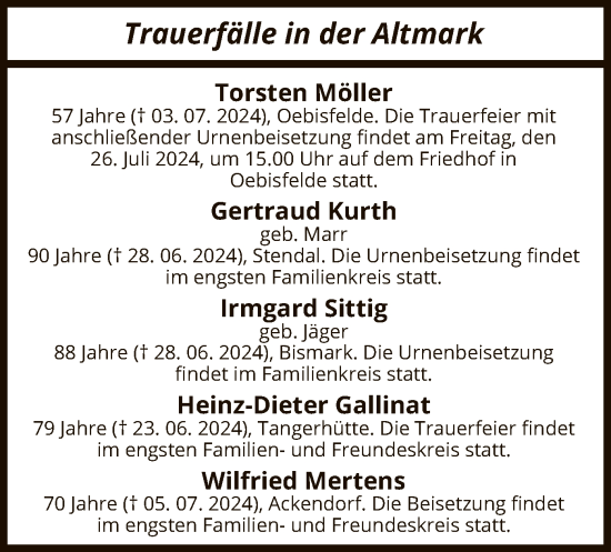 Traueranzeige von Sterbetafel vom 10.07.2024 von UEL