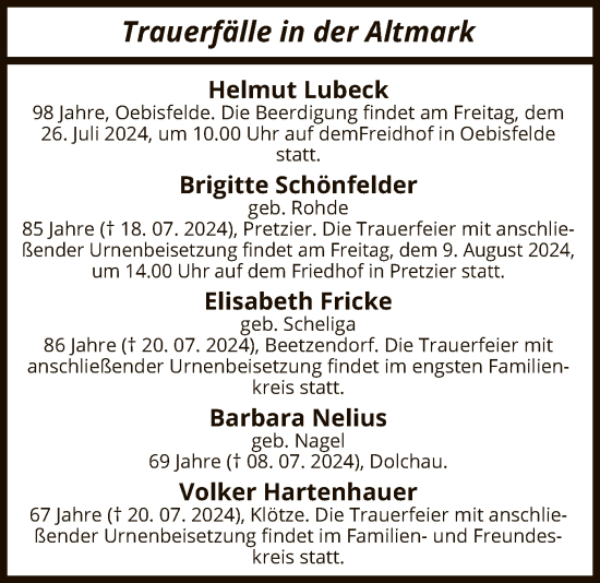 Traueranzeige von Trauerfälle in der Altmark von UEL