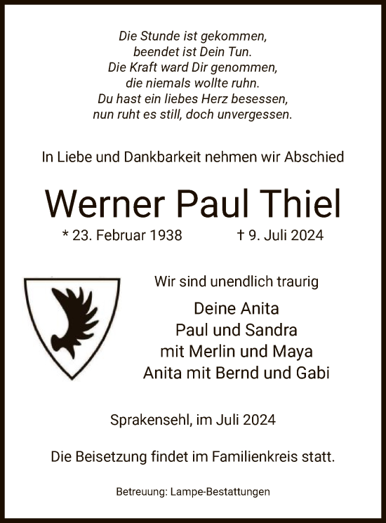 Traueranzeige von Werner Paul Thiel von UEL