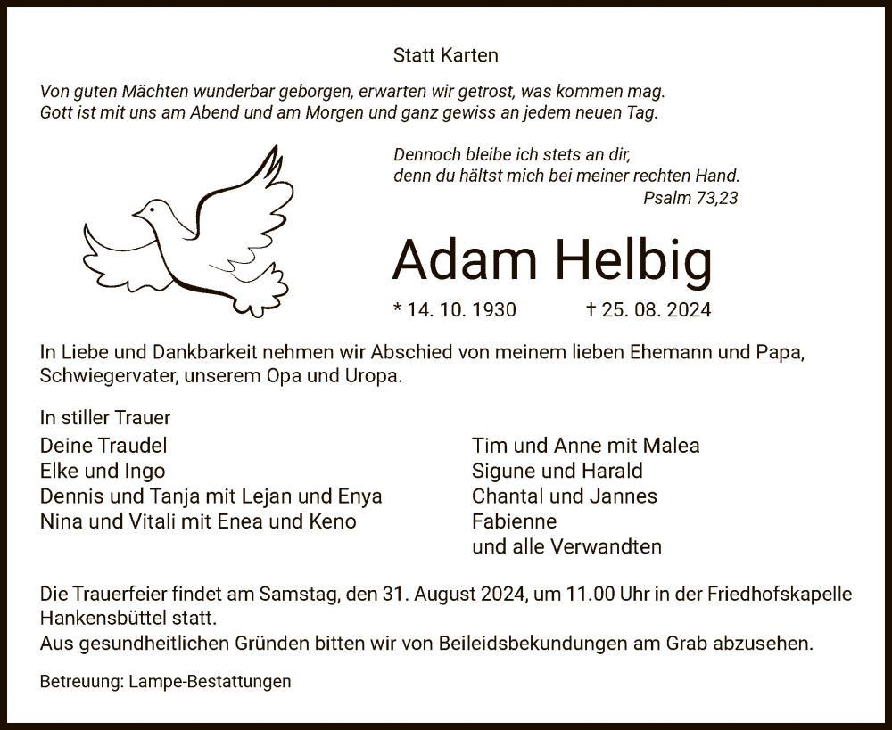  Traueranzeige für Adam Helbig vom 28.08.2024 aus UEL