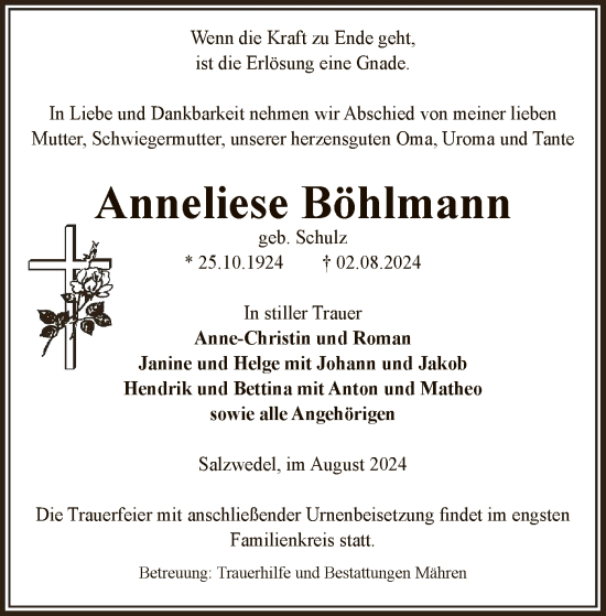 Traueranzeige von Anneliese Böhlmann von UEL