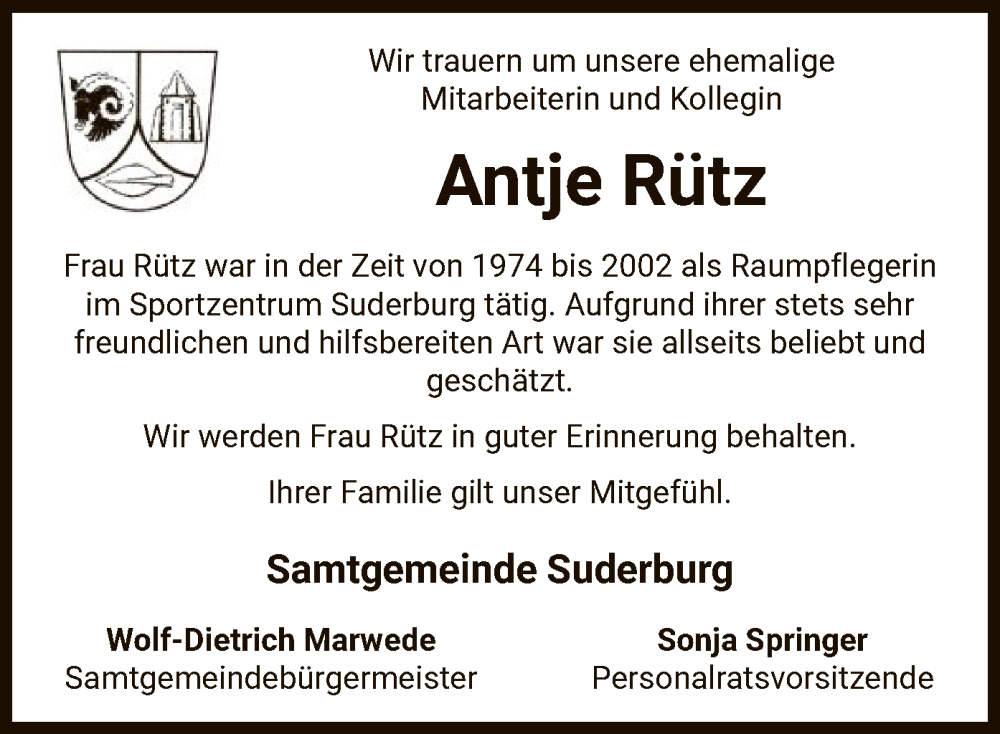  Traueranzeige für Antje Rütz vom 31.08.2024 aus UEL