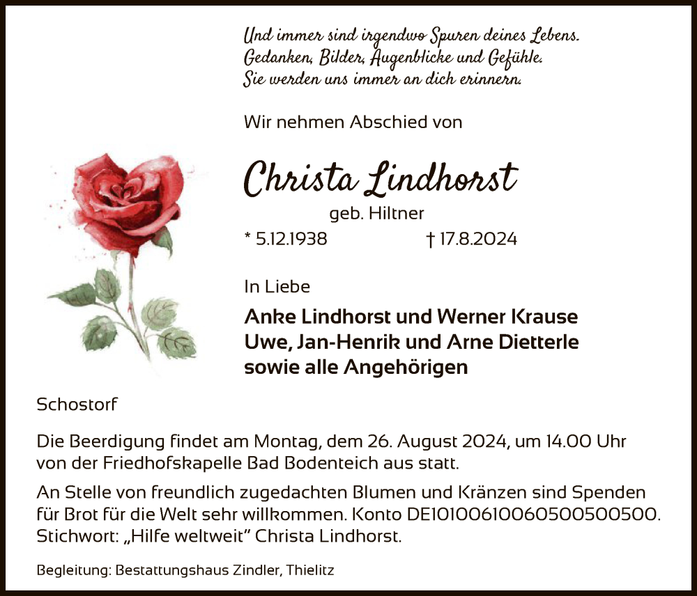  Traueranzeige für Christa Lindhorst vom 22.08.2024 aus UEL