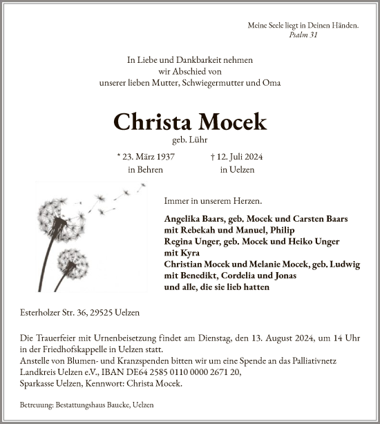 Traueranzeige von Christa Mocek von UEL