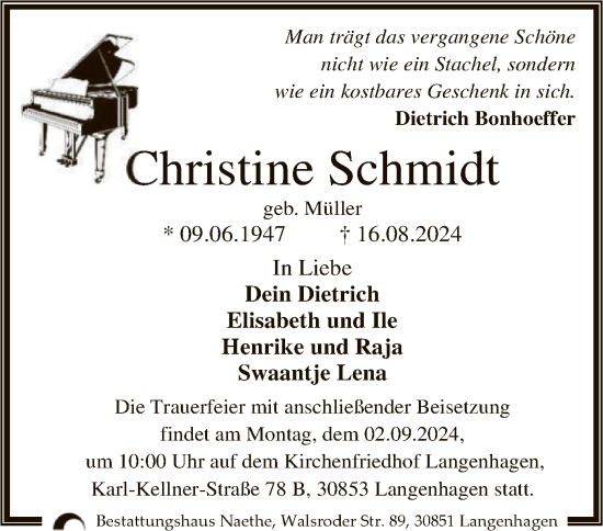 Traueranzeige von Christine Schmidt von UEL