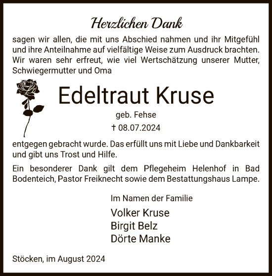 Traueranzeige von Edeltraut Kruse von UEL