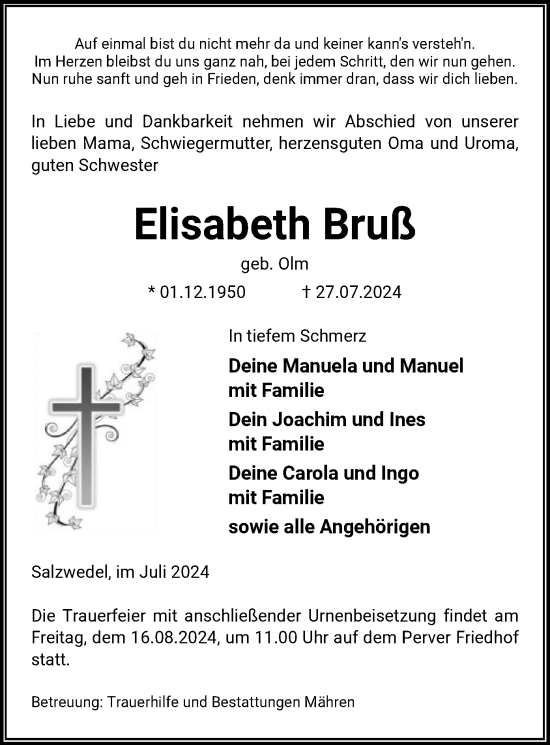 Traueranzeige von Elisabeth Bruß von UEL